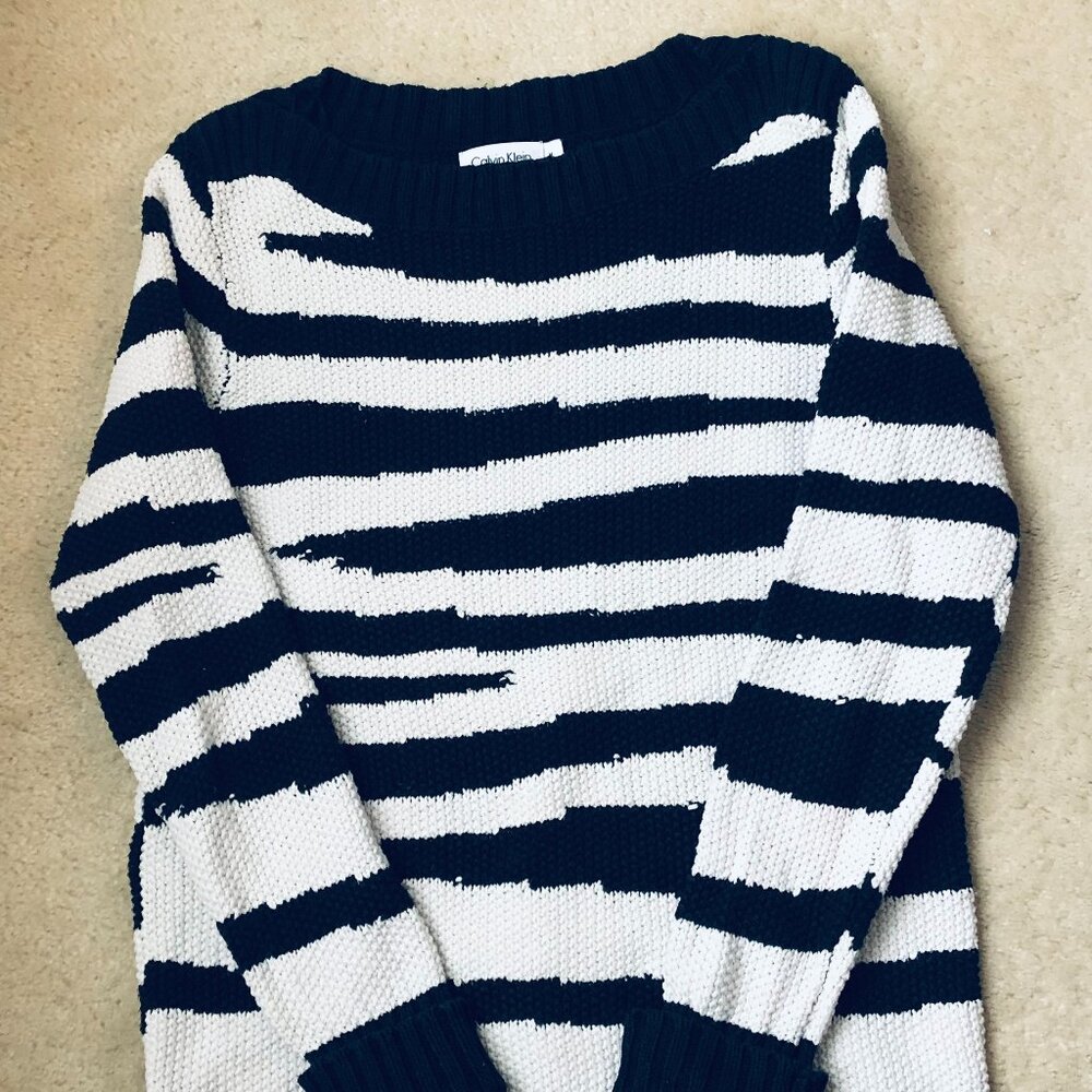 CALVIN KLEIN WOMENS BLACK AND WHITE STRIPED COTTON & ACRYLIC SWEATER SIZE M